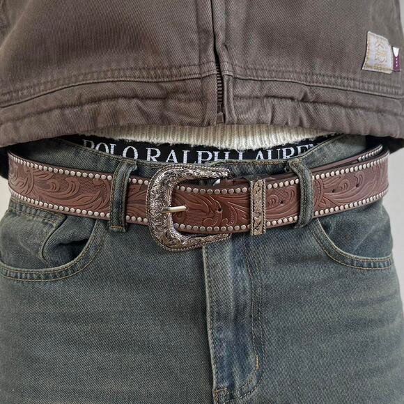 y2k western brown studded floral cowboy boho belt - Picture 7 of 11